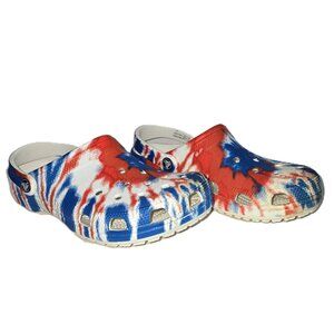 CROCS Classic Blue Red White Tie Dye. Casual Unisex Slip-on Clog
